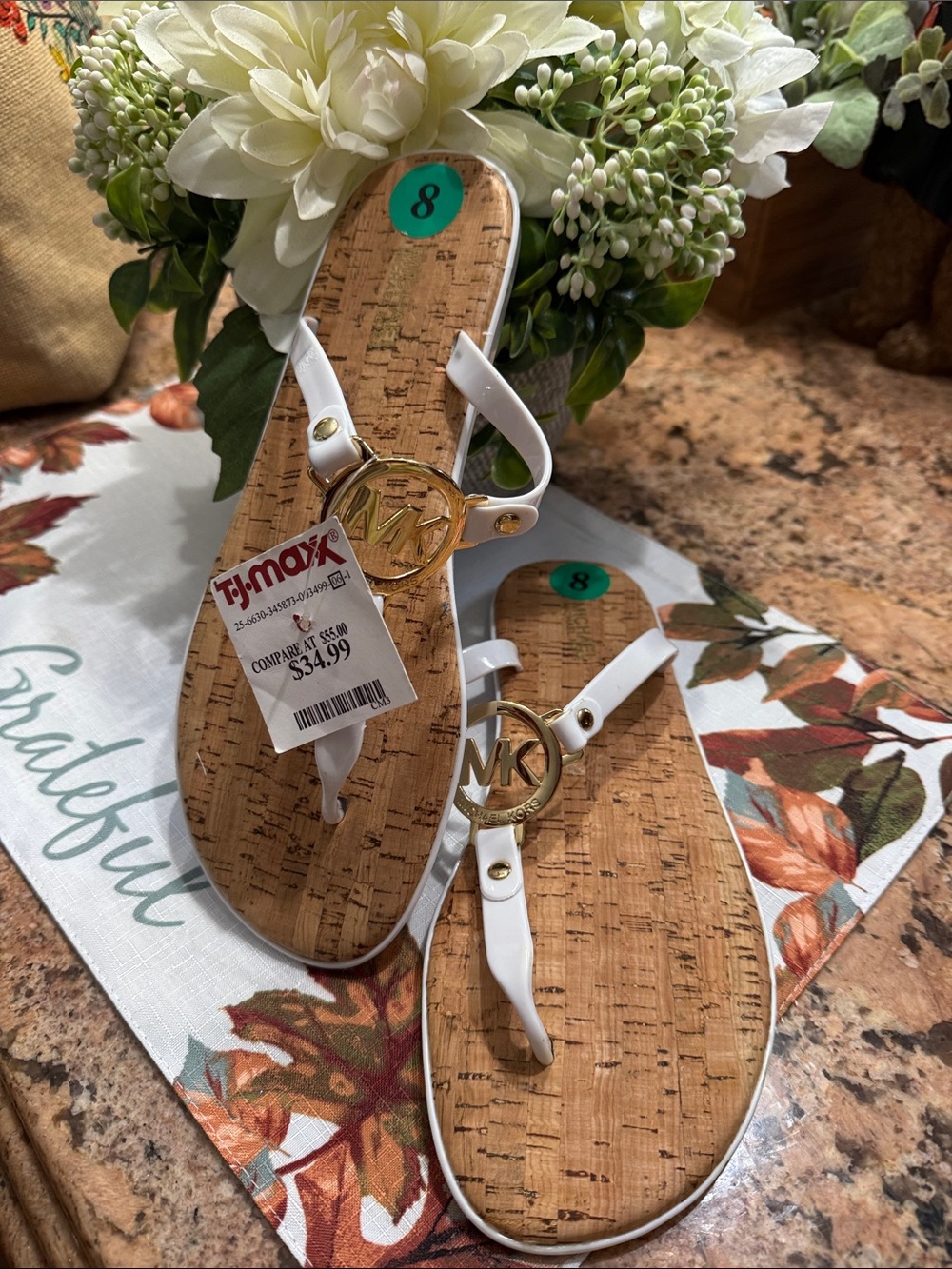 Michael Kors White Cork-Style Thong Sandals with Gold MK Emblem